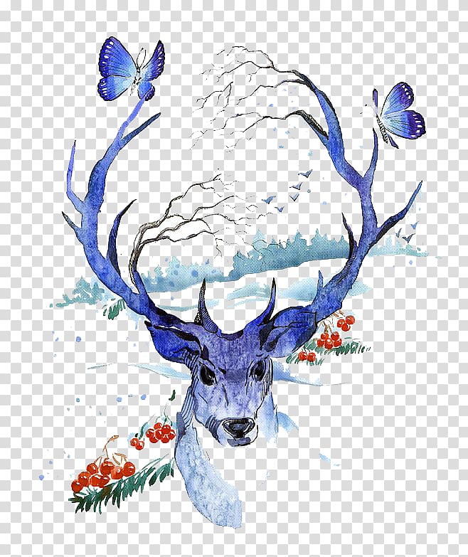 blue, black, and white deer artwork, Creative Watercolor Deer Watercolor painting Illustration, Watercolor deer transparent background PNG clipart