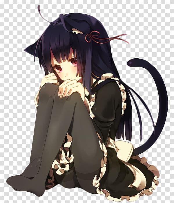 Catgirl Anime Black cat, Cat transparent background PNG clipart
