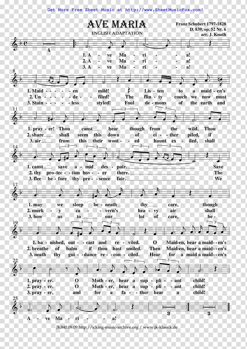 Sheet Music Ave Maria, D.839 Piano-vocal score, sheet music transparent background PNG clipart