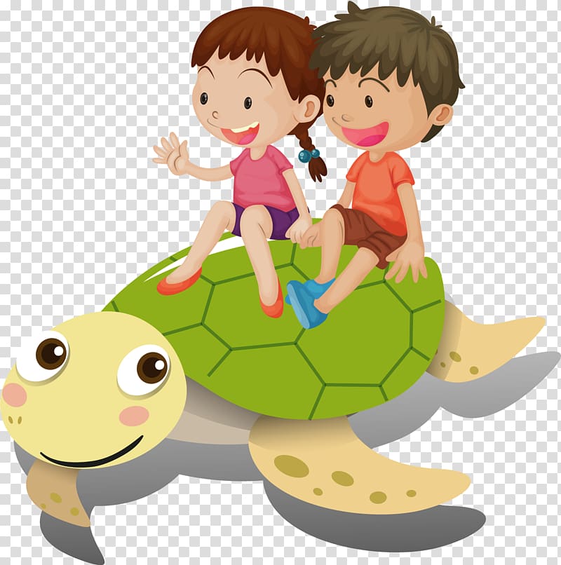 Cartoon Boy Girl Illustration, sitting on the big turtle child transparent background PNG clipart