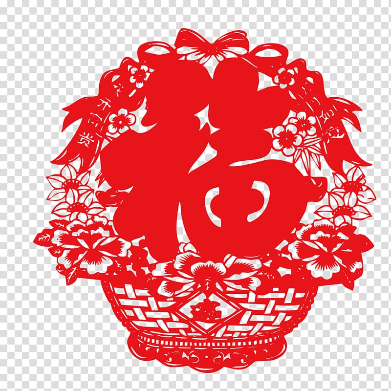 Papercutting Chinese New Year, The word blessing red paper-cut lanterns transparent background PNG clipart
