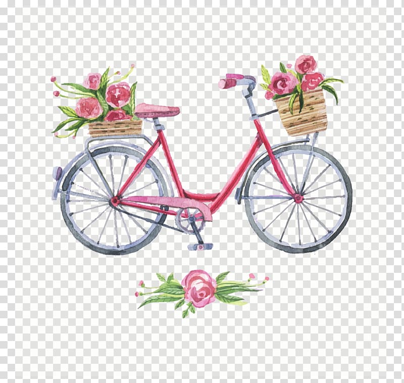 pink city bike with red roses in basket illustration, Tandem bicycle T-shirt Cycling , Flowers bike transparent background PNG clipart