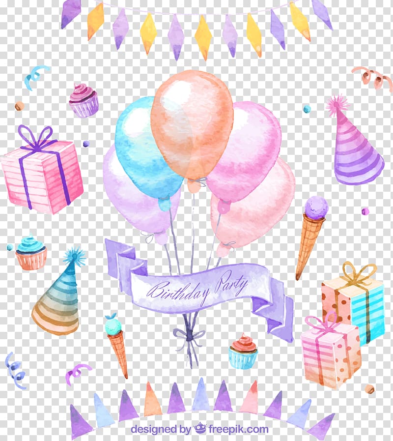 Birthday cake Party Greeting card, Drawing a variety of birthday party elements transparent background PNG clipart