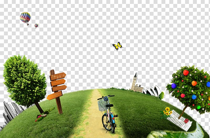 blue and white bicycle near tree illustration, Tree Cartoon , Green Earth on the road transparent background PNG clipart