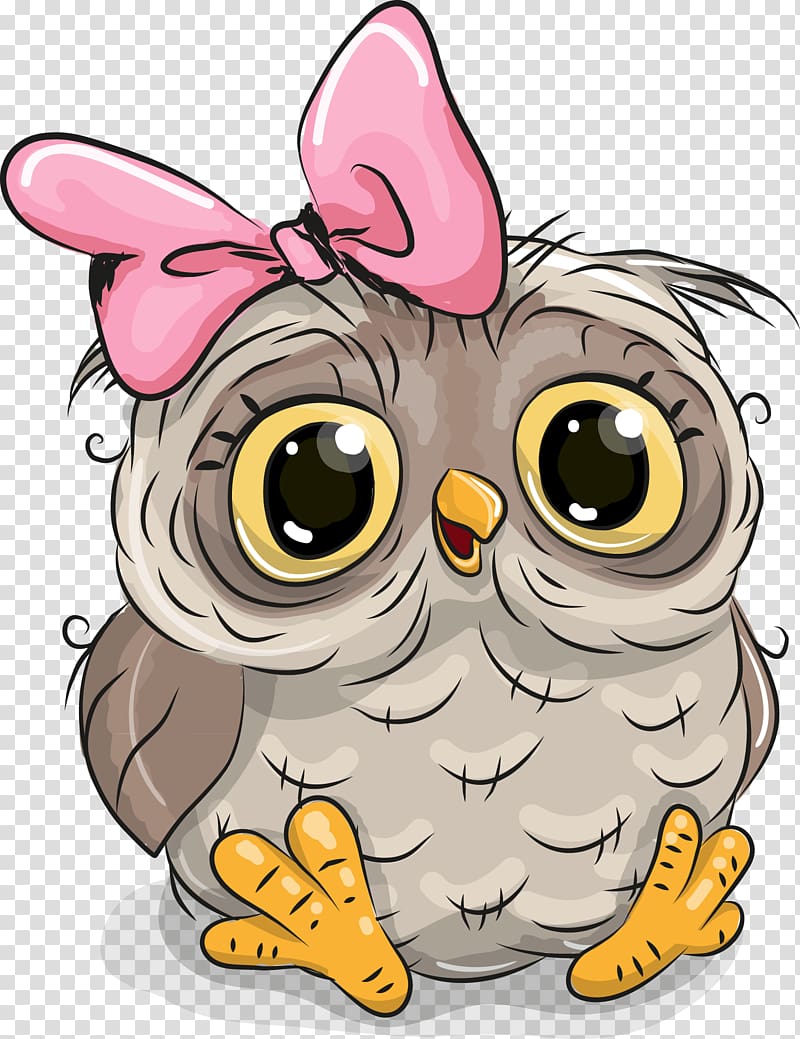 Owl Cartoon illustration Illustration, Cute owl, baby owl with pink bow transparent background PNG clipart