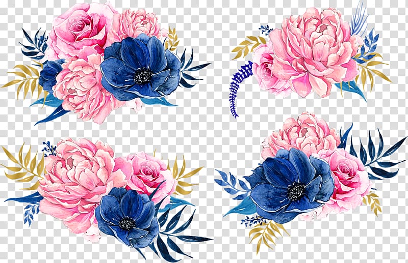 four pink and blue flowers border , Paper Flower Blue , Color flower pattern transparent background PNG clipart