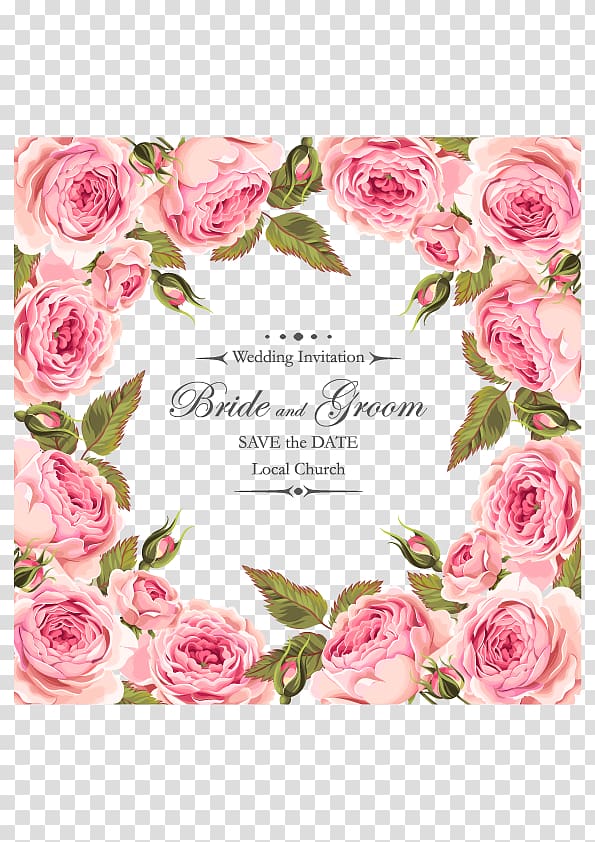 Bride and Groom with roses digital art, pink flower invitation transparent background PNG clipart