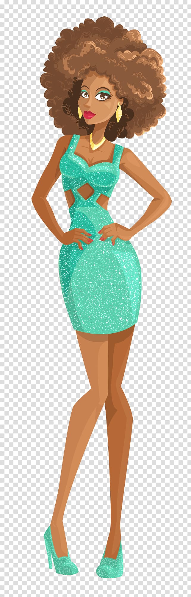 afro haired woman wearing green dress , Portrait Illustration, Woman transparent background PNG clipart