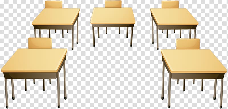 five brown school desks art, Classroom Cartoon Illustration, Table and benches transparent background PNG clipart
