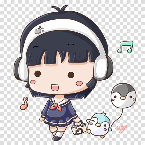 Chibi Anime music video, girl listening to music transparent background PNG clipart