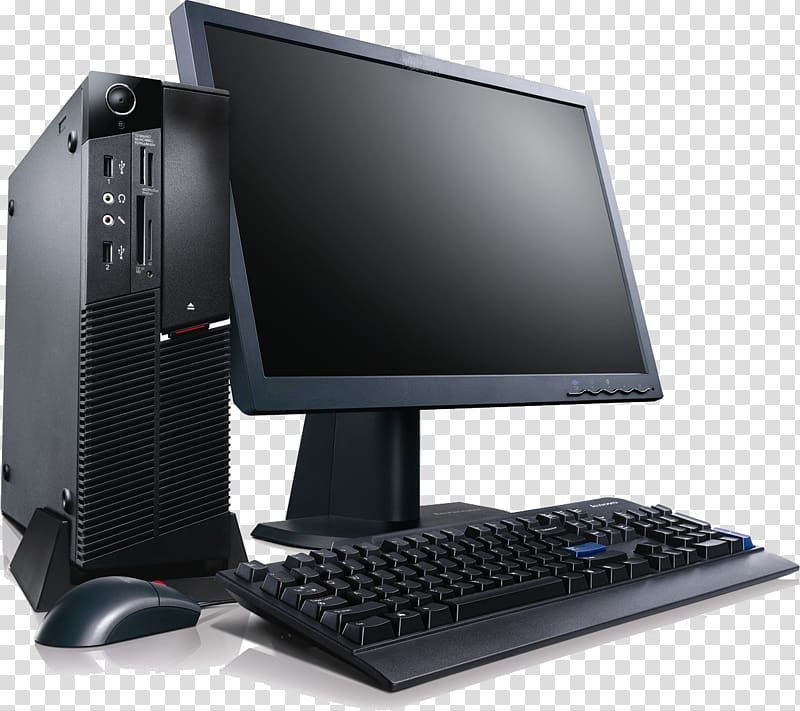 black computer tower, flat screen monitor, and black computer keyboard, Laptop Desktop computer Personal computer, Computer desktop PC transparent background PNG clipart