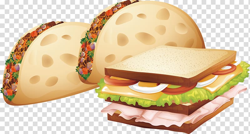 two tacos and sandwich illustration, Chicken nugget Hamburger French fries Illustration, Breakfast food transparent background PNG clipart