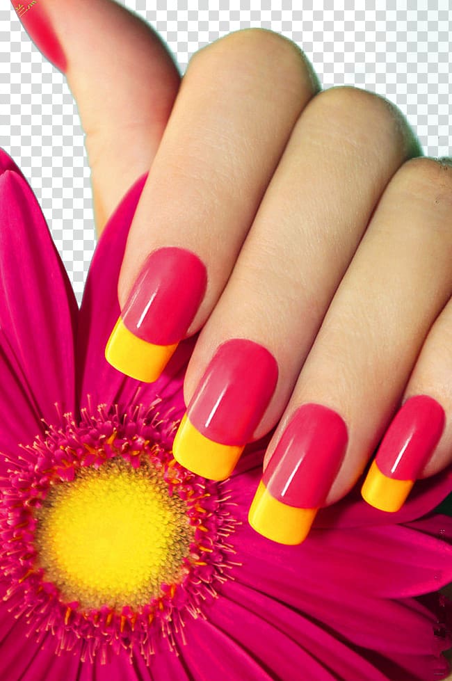 person with red and yellow nail polish holding pink flower, Nail polish Manicure Glitter Varnish, Nail transparent background PNG clipart