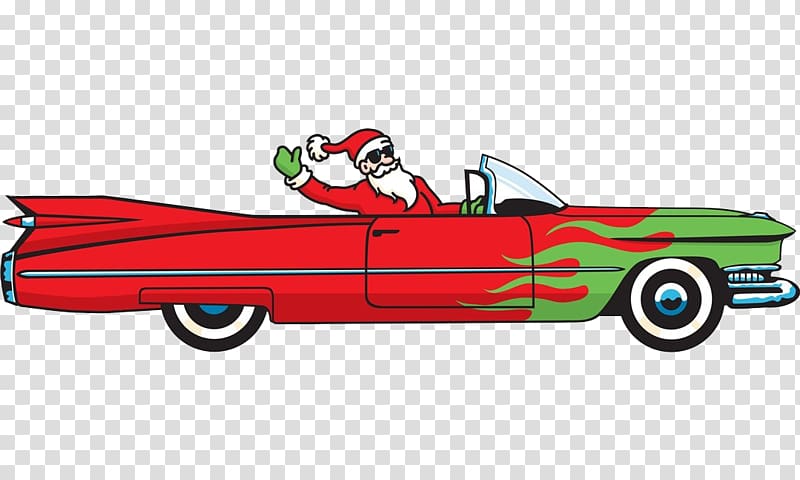 Car Santa Claus Illustration, Santa Claus opens a long car transparent background PNG clipart