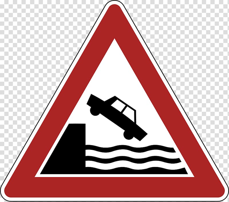 black and red road sign illustration, Danger Warning River Bank Road Sign transparent background PNG clipart