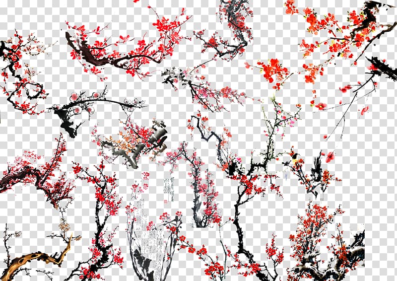 Chinese painting Ink wash painting Plum blossom Bird-and-flower painting, Ink flower bloom transparent background PNG clipart