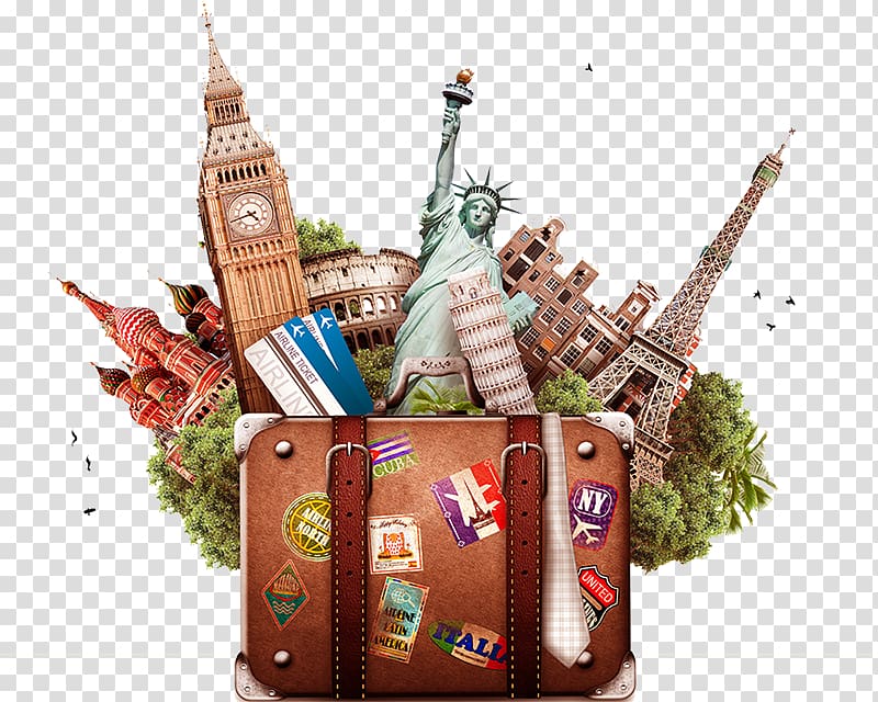 brown luggage and landmarks illustration, Travel Agent World Tourism Organization , tourist transparent background PNG clipart