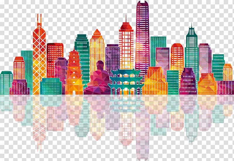 multicolored city skyline , Hong Kong Skyline illustration Illustration, Colorful city building silhouettes transparent background PNG clipart