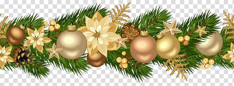 gold and green Christmas garland, Christmas ornament Horizontal plane Christmas card, Christmas Decorative Golden Garland transparent background PNG clipart
