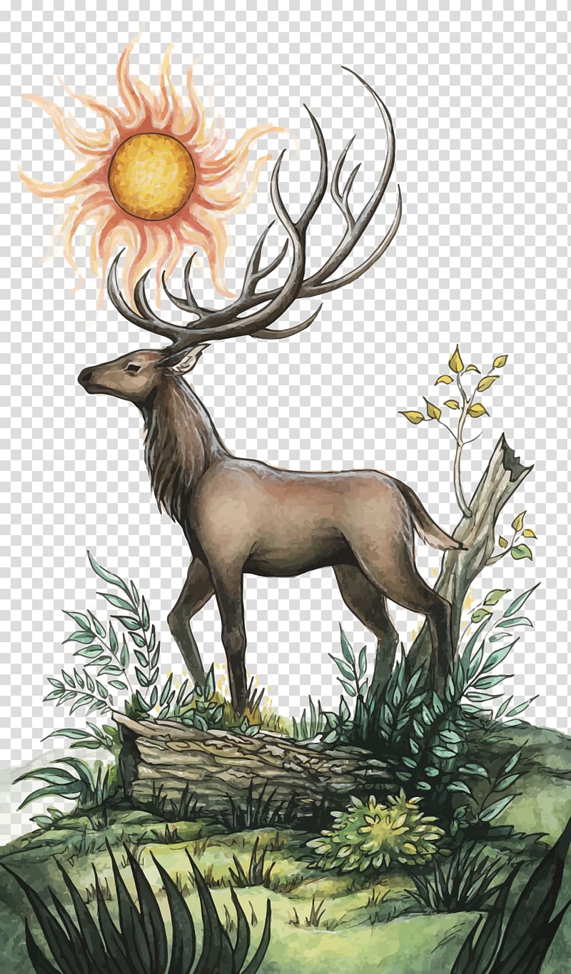 brown and green painting of deer, deer and sun transparent background PNG clipart