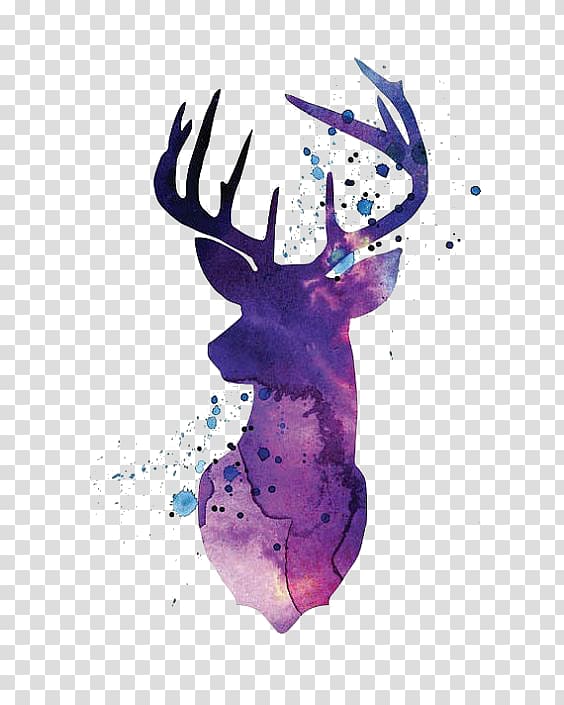 purple and pink deer illustration, Reindeer White-tailed deer Silhouette Watercolor painting, Purple watercolor deer transparent background PNG clipart