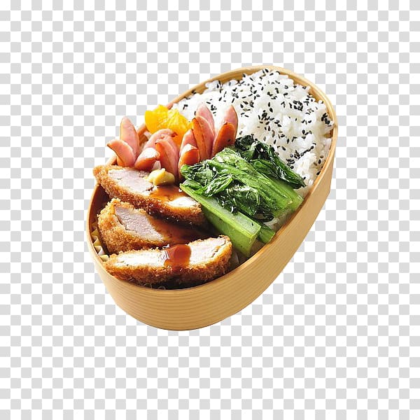 Bento Japanese Cuisine Crispy fried chicken Tonkatsu, Chicken ham lunch transparent background PNG clipart