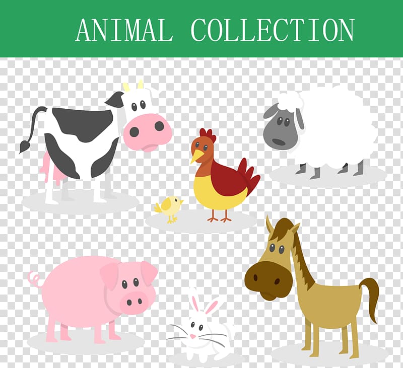 animal collection illustration, Domestic pig Horse Speelboerderij Pierewiet Cattle, 7 cute farm animals transparent background PNG clipart