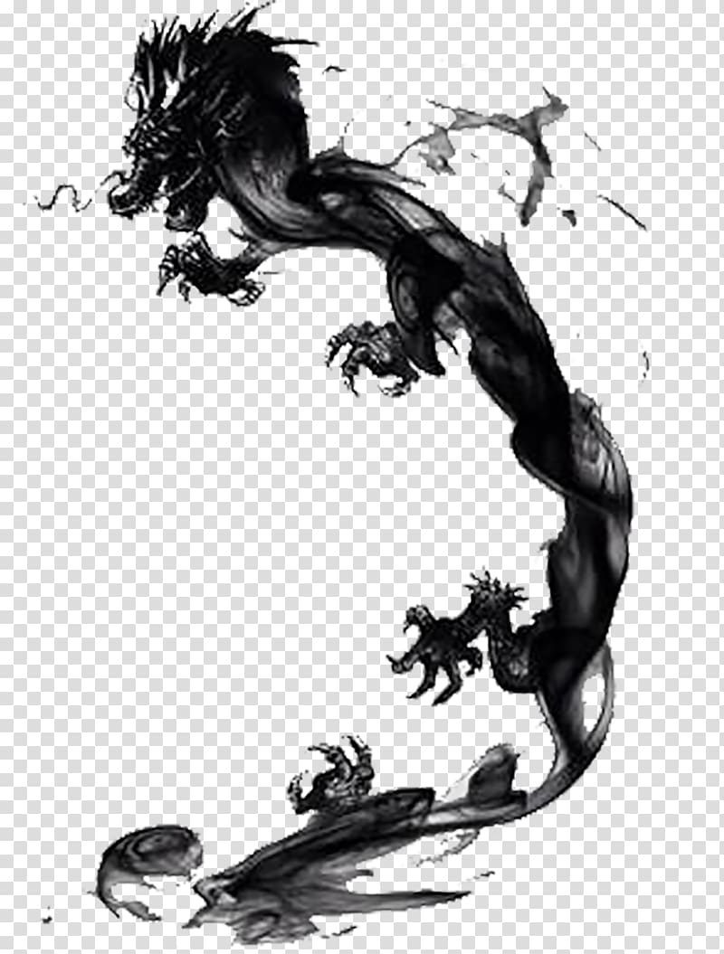 Chinese dragon India ink Drawing, Guofeng ink dragon transparent background PNG clipart
