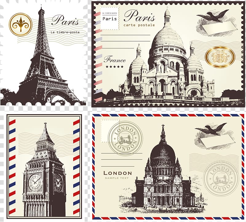 four landmarks postage collage, Paris Postage stamp Rubber stamp , Landmarks stamps transparent background PNG clipart