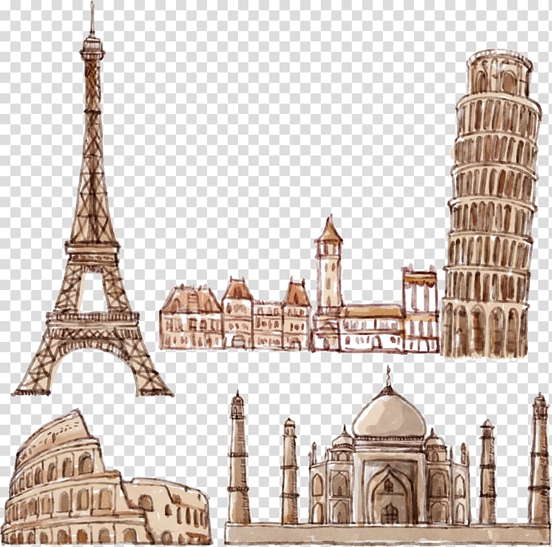 five Landmarks illustration, Eiffel Tower New York City Rome Drawing, hand-drawn Eiffel Tower of Pisa Colosseum transparent background PNG clipart