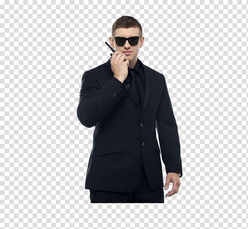 man wearing blazer holding two-way radio, Walkie-talkie Two-way radio Security guard Police officer, Work bodyguard transparent background PNG clipart