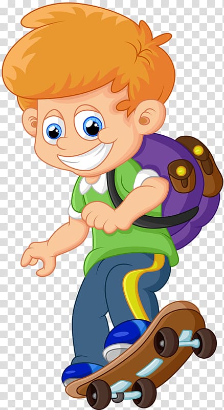 Child Cartoon Skateboard Illustration, Backpack blond boy transparent background PNG clipart