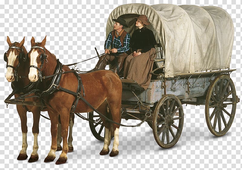 man and woman riding horse carriage, Oregon Trail Western United States American frontier Ox Car, western transparent background PNG clipart