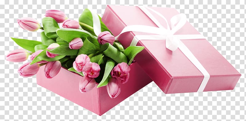pink tulips with gift box illustration, Tulip Pink , Box with Pink Tulips transparent background PNG clipart