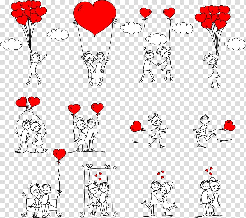 couple holding heart balloons illustration, Drawing Romance Love Stick figure, Couple holding caring transparent background PNG clipart