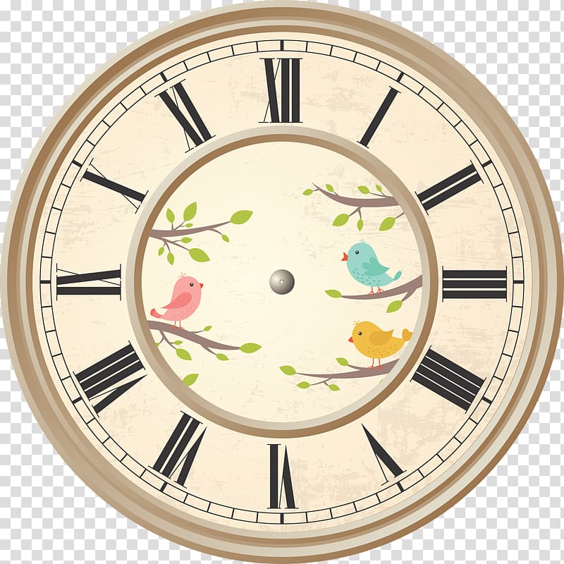round brown analog clock illustration, Clock Roman Numerals Birds transparent background PNG clipart