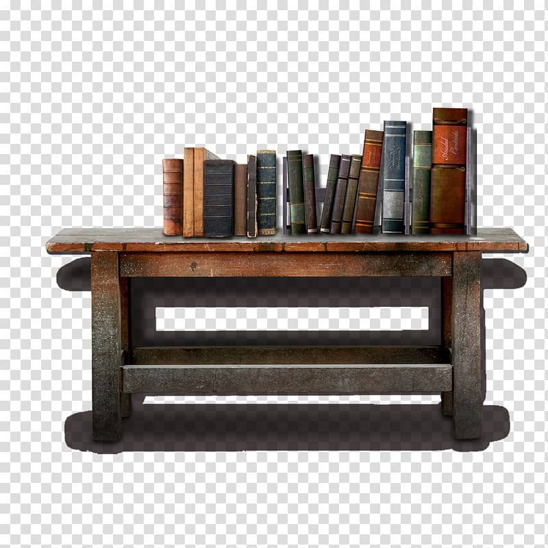 reading books on brown wooden table, Desk Clock , Vintage old wooden desk transparent background PNG clipart