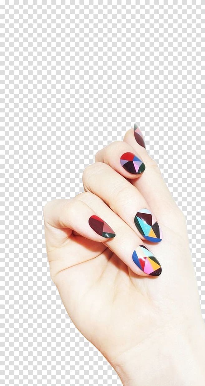 person raising right hand with multicolored manicures, Nail art Nail polish Geometry, Nail Shoumo transparent background PNG clipart