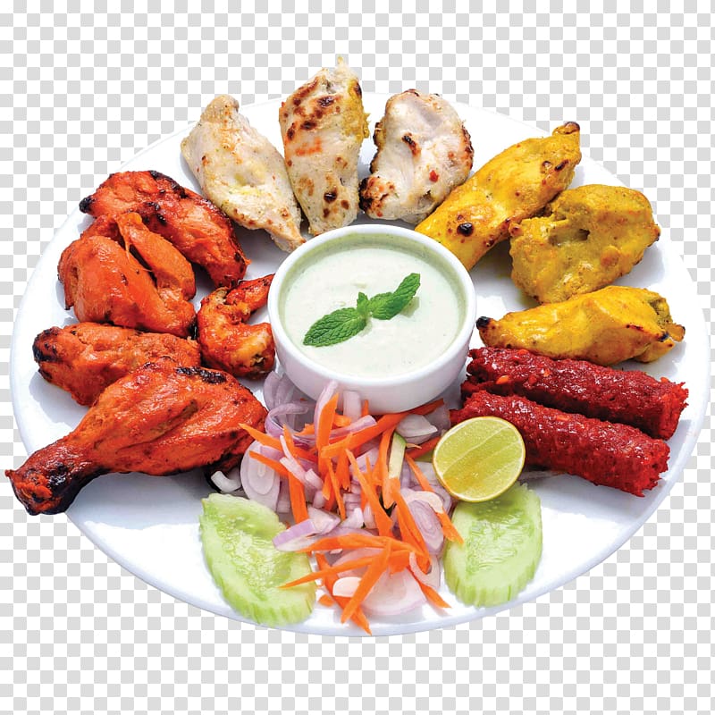 of fried foods, vegetable salads and dipping tray on plate, Kebab Chicken tikka Indian cuisine Tandoori chicken, grill transparent background PNG clipart