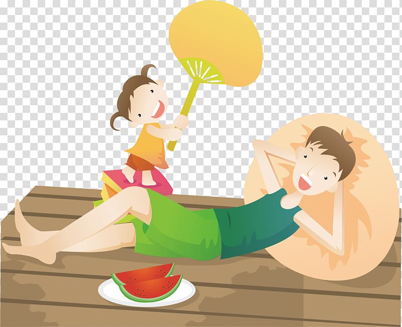 Summer Cartoon Poster Illustration, Father and daughter vacation life to eat watermelon shade transparent background PNG clipart