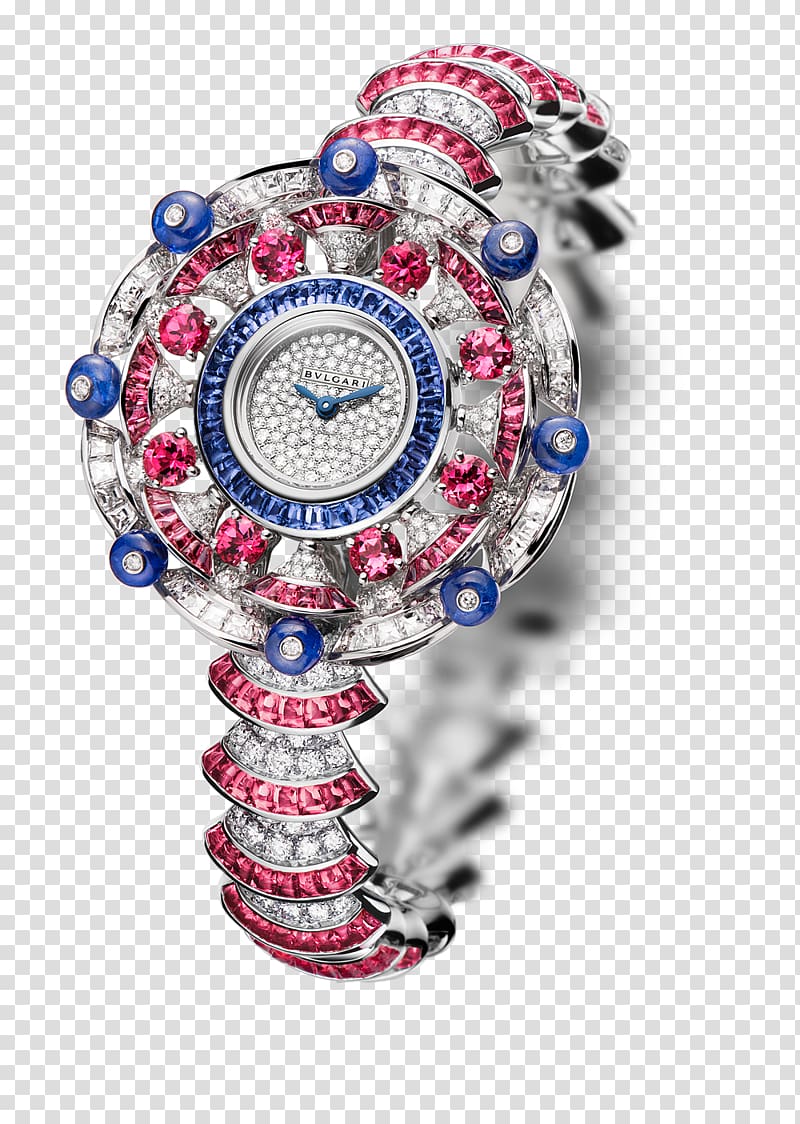 Watch Bulgari Jewellery Movement Repeater, Bulgari watch blue pink diamond watches female form transparent background PNG clipart
