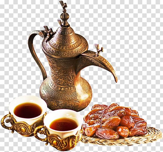 brass-colored dallah teapot beside teacups and plate of food, Arabs Android Google Play Arabic coffee, arabic culture transparent background PNG clipart