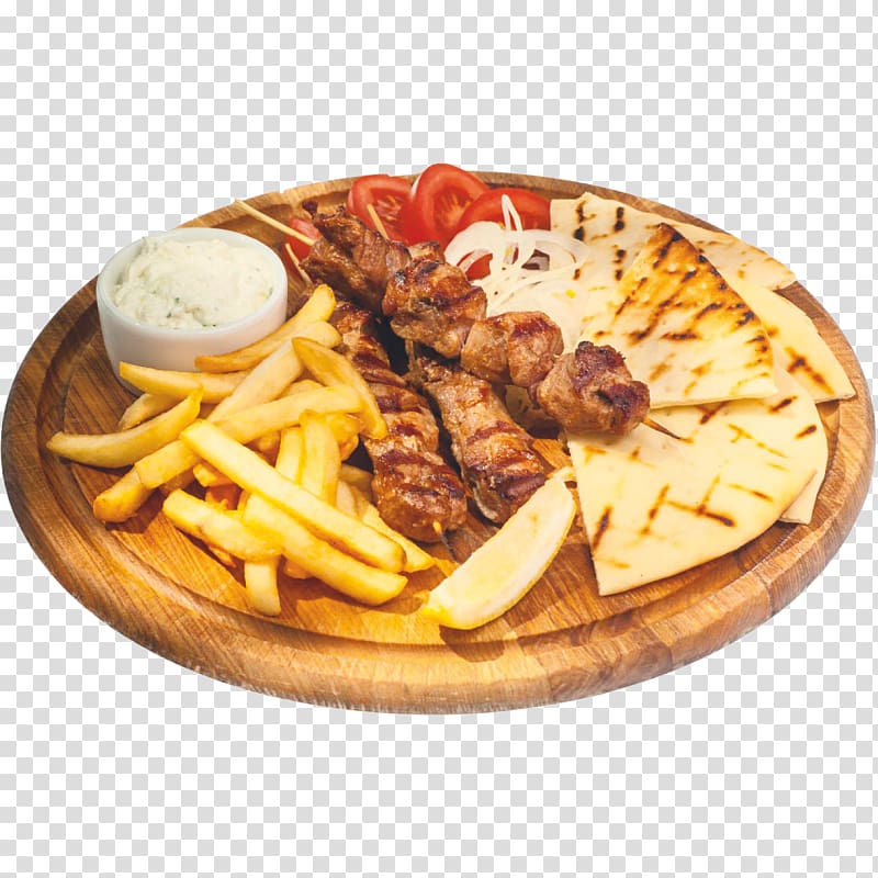 French fries Souvlaki Full breakfast Kebab Tzatziki, tomato transparent background PNG clipart