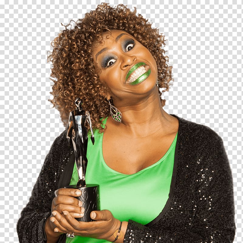 women's black cardigan holding trophy, GloZell Award transparent background PNG clipart