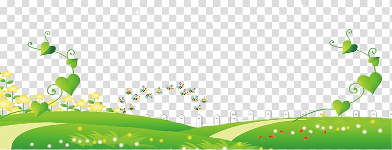 green leaves illustration, Cartoon Google Illustration, Grassland fence Bee transparent background PNG clipart