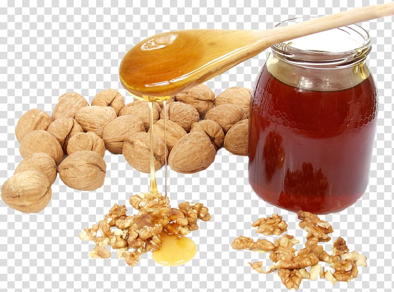 Honey Walnut Nuts Hazelnut, bee transparent background PNG clipart