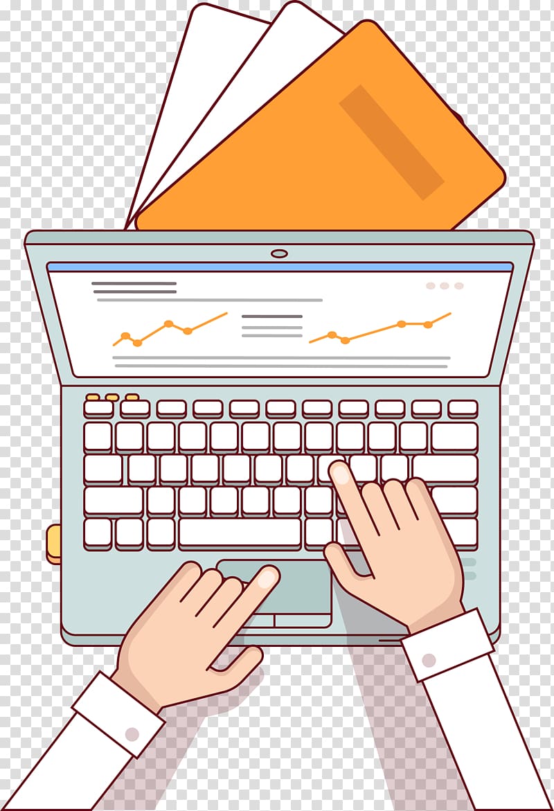 person typing on laptop animated illustration, Laptop Computer programming Illustration, Work computer flat material transparent background PNG clipart