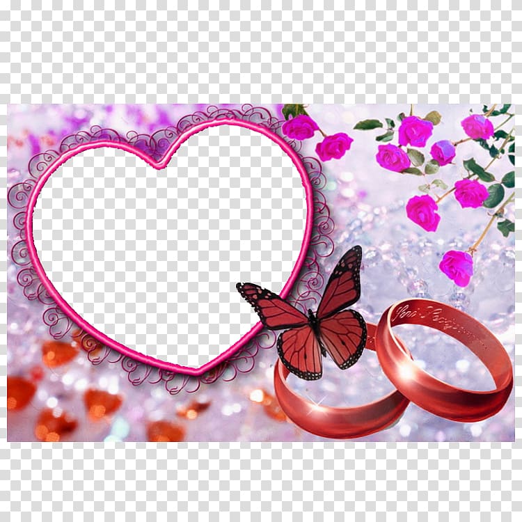 heart-shape pink framed mirror and red butterfly illustration, Love frame Marriage, Love Frame transparent background PNG clipart