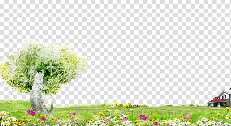 green and white trees and pink and yellow petaled flowers , Trees and flowers green grass background material transparent background PNG clipart