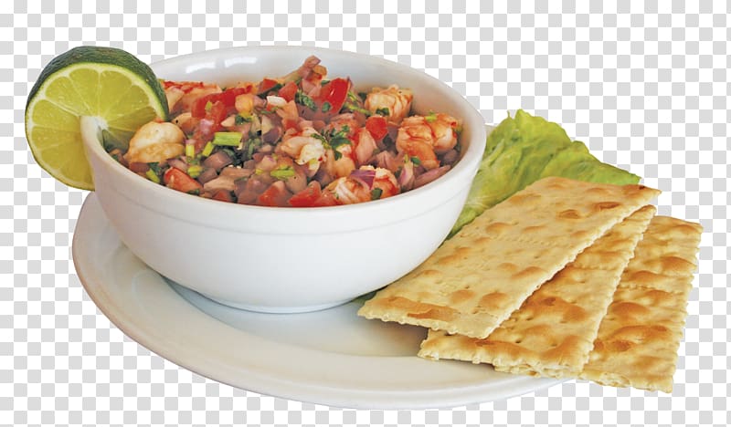 crackers on plate beside bowl, Ceviche Prawn cocktail Mexican cuisine Caridea Pico de gallo, grill transparent background PNG clipart